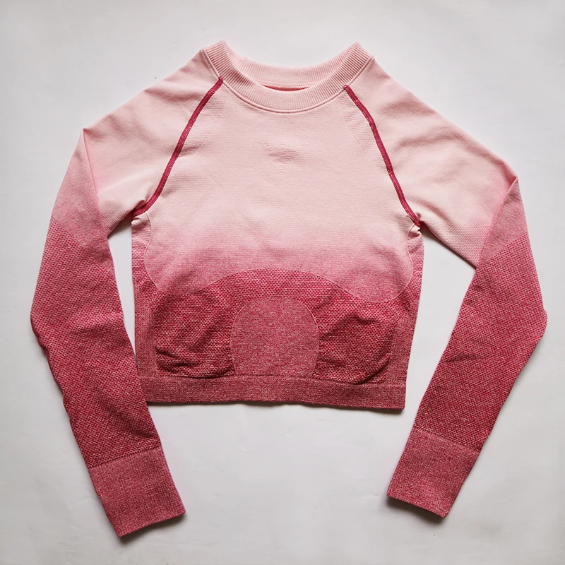 Pink Top Комплект из 2 предметов для йоги, женский укороченный Топ с длинным рукавом и с высокой талией, спортивные Леггинсы, одежда для спортзала, бесшовный спортивный костюм с эффектом омбре - Цвет: Pink Top