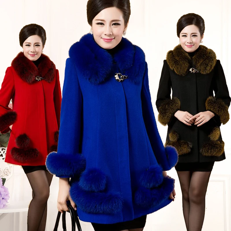 Женское шерстяное пальто с большим меховым воротником однотонное|long overcoat|fashion