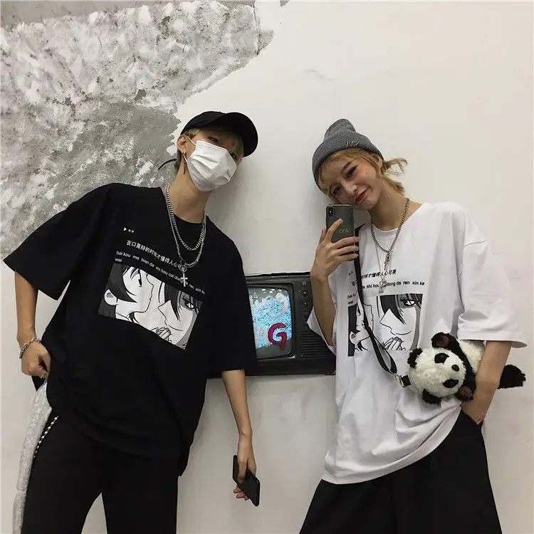 Летняя одежда, модная уличная футболка для пары, корейский стиль, Ulzzang, Harajuku, винтажный принт, короткий рукав, футболки для женщин, свободная футболка