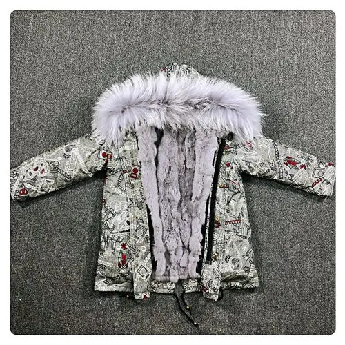 Grey Grey Парка с натуральным мехом для мальчиков и девочек зимняя теплая куртка с граффити детская одежда пальто с капюшоном из натурального меха енота подкладка из натурального кроличьего меха TZ373 - Цвет: Grey Grey