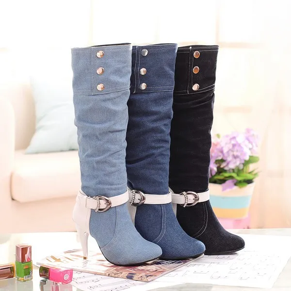 2015 г. новые дамские зимние сапоги пикантные теплые джинсовые ботинки обувь на