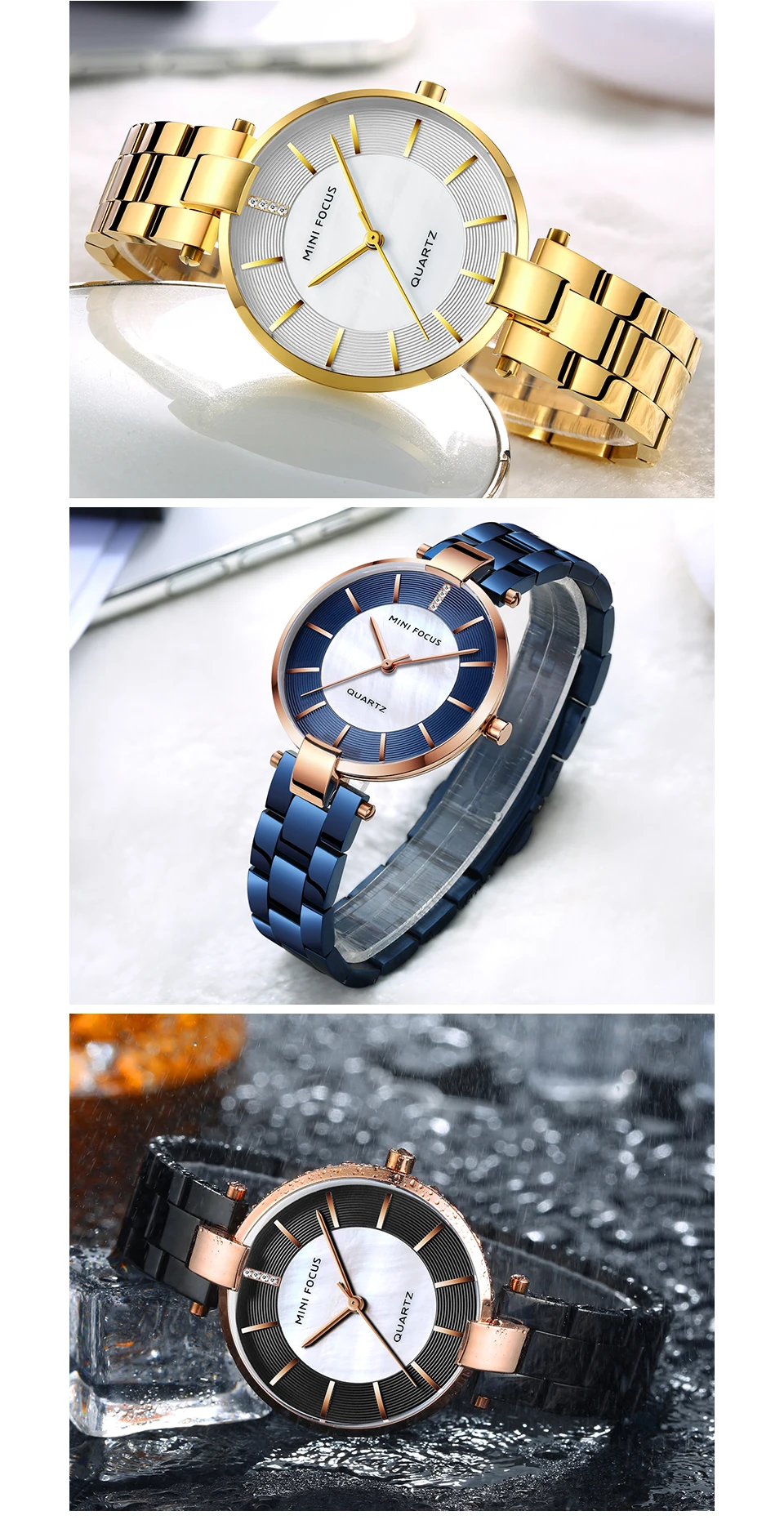 Женские наручные часы с мини-фокусом из розового золота, простой браслет из нержавеющей стали, водонепроницаемые кварцевые часы для женщин 0224