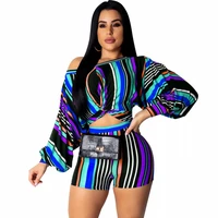 new women sets stripes loose long sleeve tee top and shorts suit two piece set beach sexy playsuit holiday boho tracksuit set