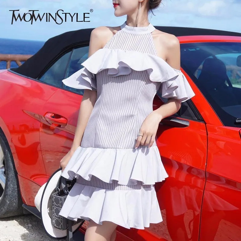 Twotwinstyle с открытыми плечами женское платье оборками Лоскутная Тонкий