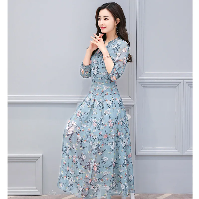 Женское шифоновое платье с цветочным принтом длинным рукавом|Женские платья| |