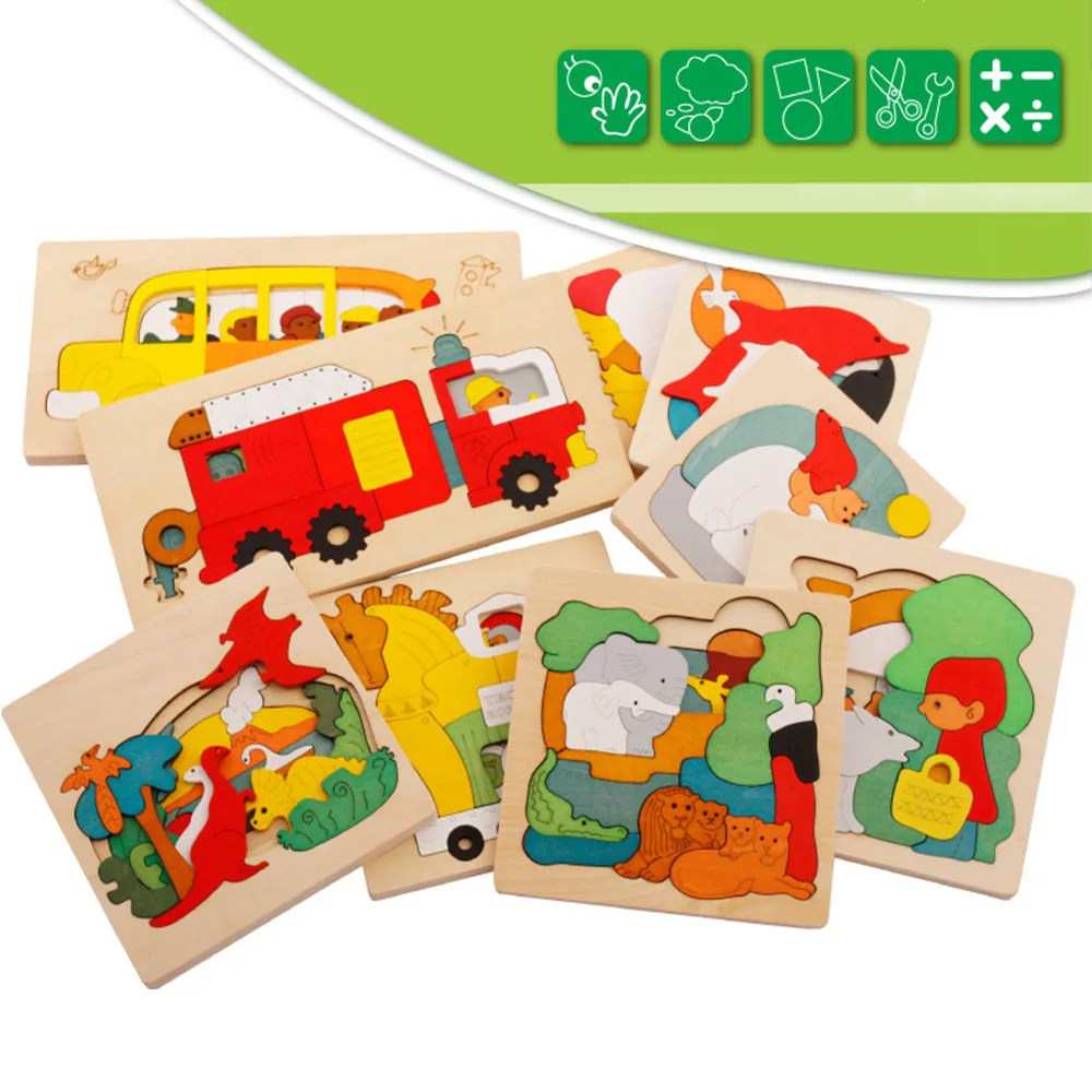 Многослойные Деревянные Мультфильм Животных 3D Головоломки Игрушки для Малышей