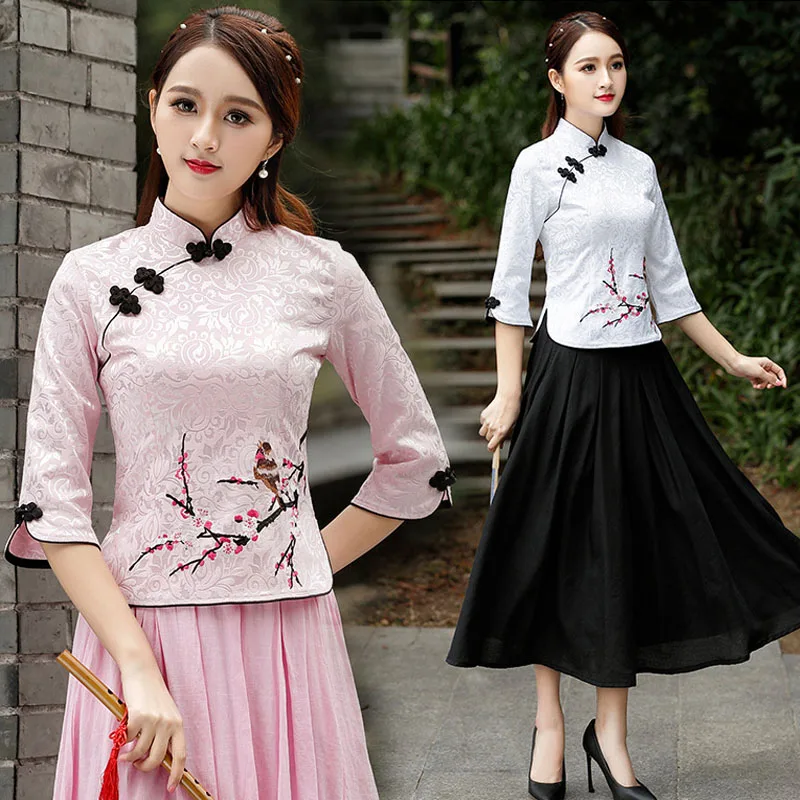 Женский китайский Топ Cheongsam, блузка из хлопка с вышивкой сливы, 7 точек, рукав Tang 4XL размера плюс
