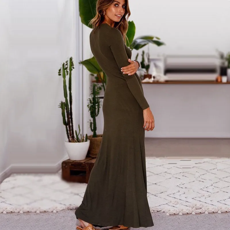 Женское платье макси BEFORW длинное облегающее с v образным вырезом и пуговицами