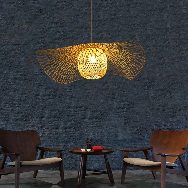 Lámpara de techo de mimbre tejida de bambú para sala de estar, lámpara de pasillo, hotel, restaurante