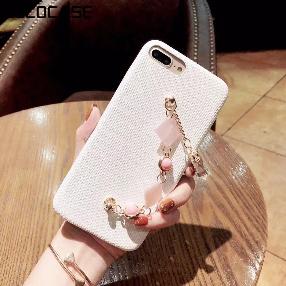 DECOCASE Pink White Fabric Phone Cases with Metallic Marble Chain Wrist Strap Covers for iPhone 6s 7 8 Plus X Max |