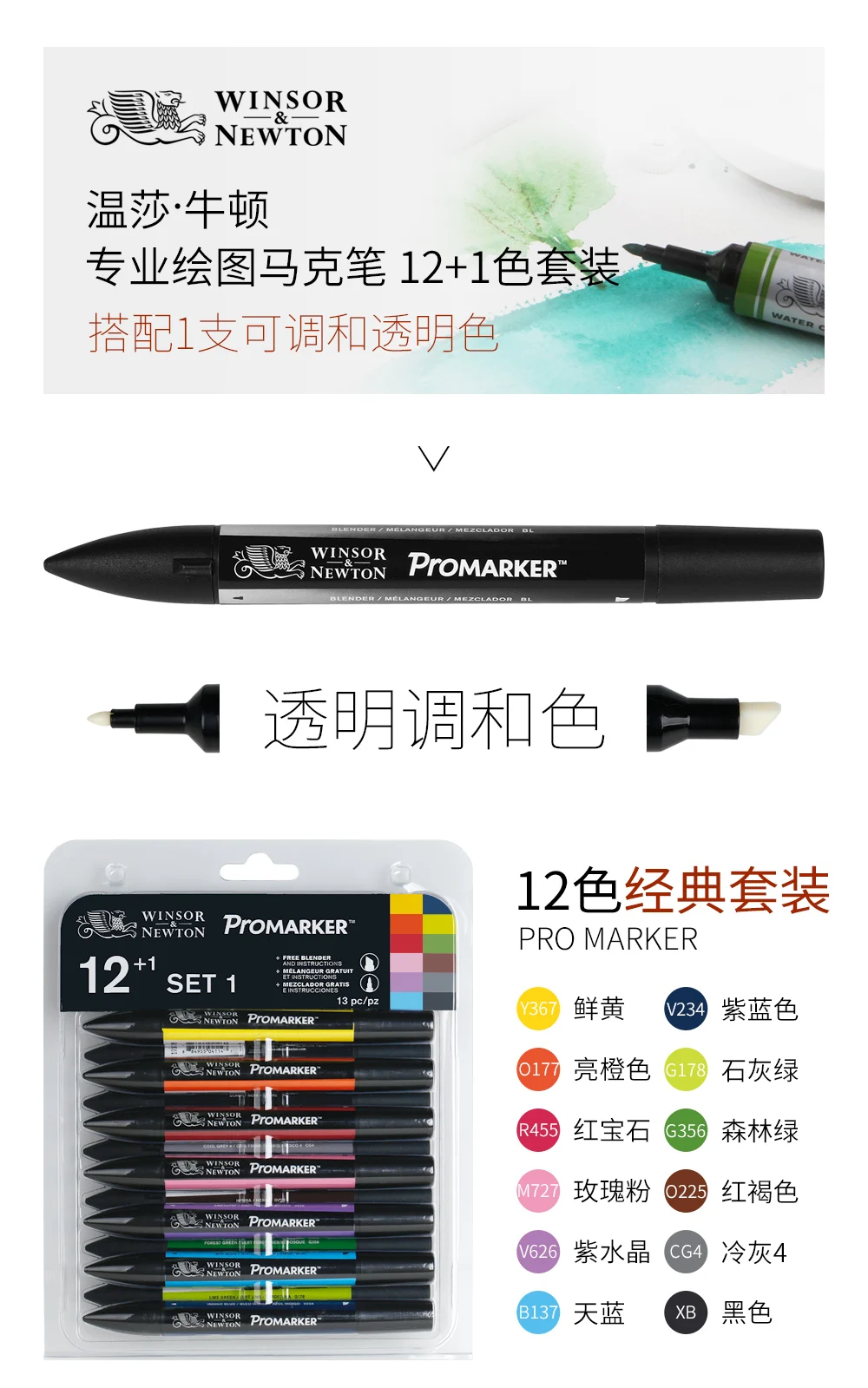 WINSOR&NEWTON Professional Marker Pen 6/12 Colors Double-side(round toe and oblique) Drawing Design Marker Pen Art Supplies