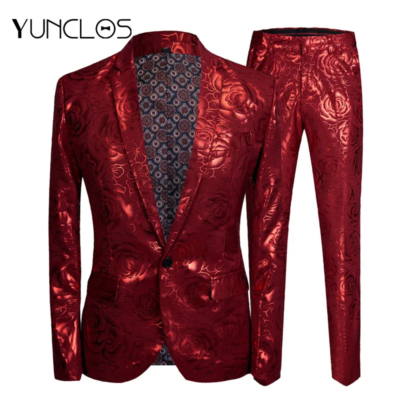 

Мужские облегающие костюмы yunклос из 2 предметов с принтом роз, костюмы для свадебной вечеринки, однобортные мужские костюмы на одной пугови...