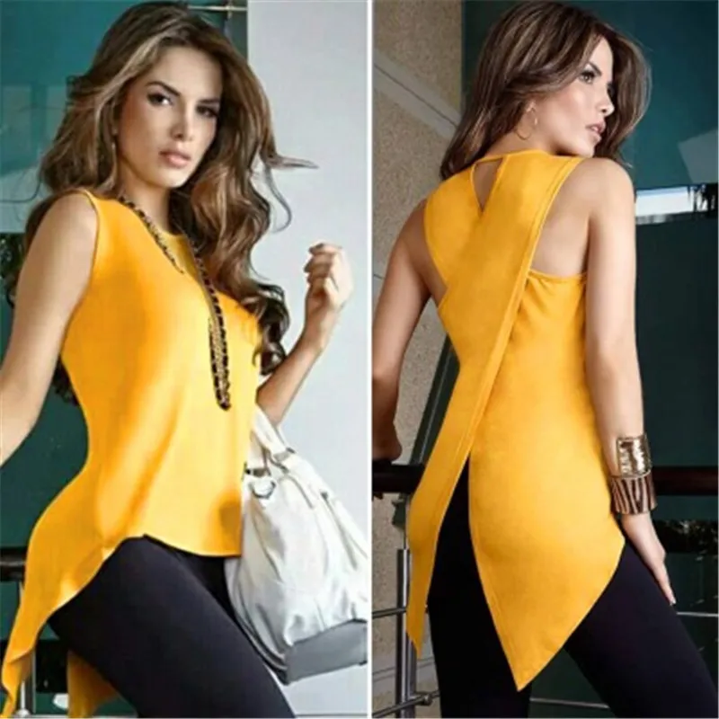 

summer newest fashion solid casual sleeveless polyester Medium and long term T-shirt slim back across easy to match Colourful