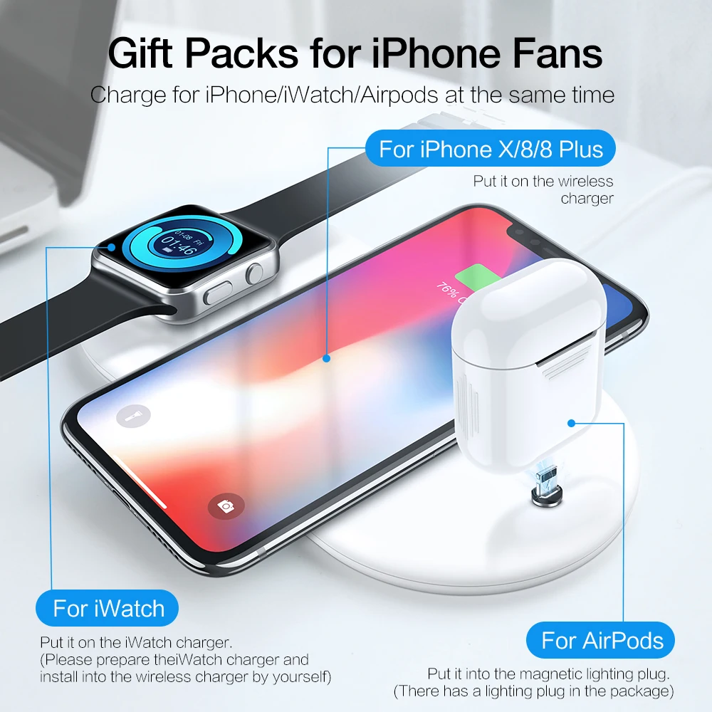 KISSCASE 3 в 1 QI Беспроводное зарядное устройство для iphone 8 Plus X XS Max XR Apple Watch AirPods 10 Вт