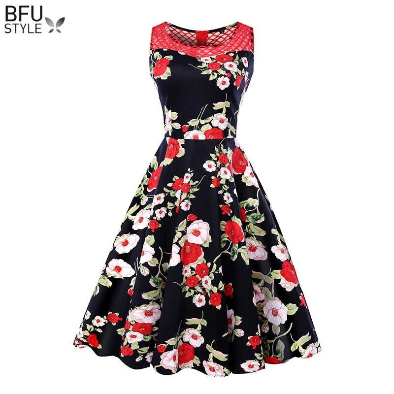 Womens Summer Floral Dress Vintage O Neck Slim Sexy 50s 60s Rockabilly Vestidos Party Black Retro Swing Robe Femme Ete 2020 | Женская