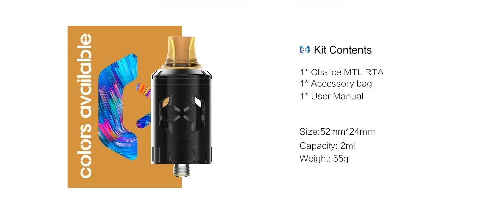 Оригинальный Hugsvape Chalice MTL RTA 2 мл 24 мм Восстановленный распылитель 510 резьба