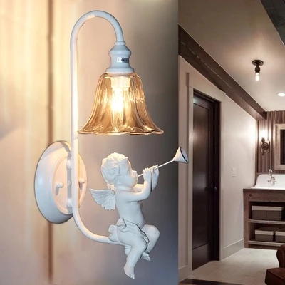 Creative Pastoral White Angel Crystal E14 110/220V Wrought Iron wall lamp Sconce for foyer abajur bedside lamparas bar corridor