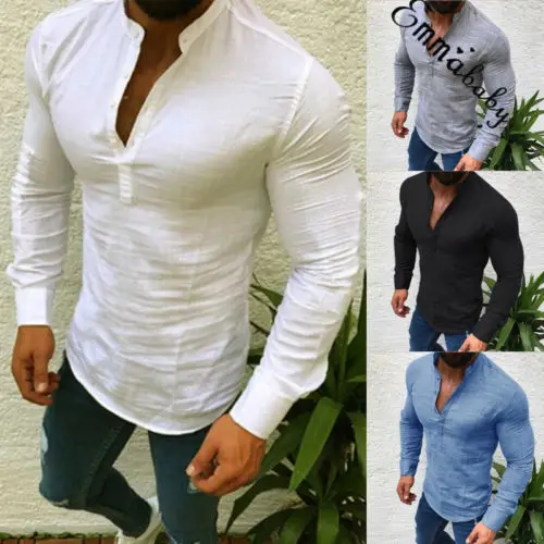 Новинка 2019 мужская рубашка Henley новые футболки Стильная приталенная с длинным