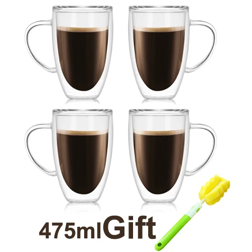 475ml four glass Комплект из 2 предметов с двойными стенками, Стекло прозрачный Чай чашки вина Стекло es с ручкой Виски Посуда для напитков молоко Кофе кружки 250/375/475 мл - Цвет: 475ml four glass