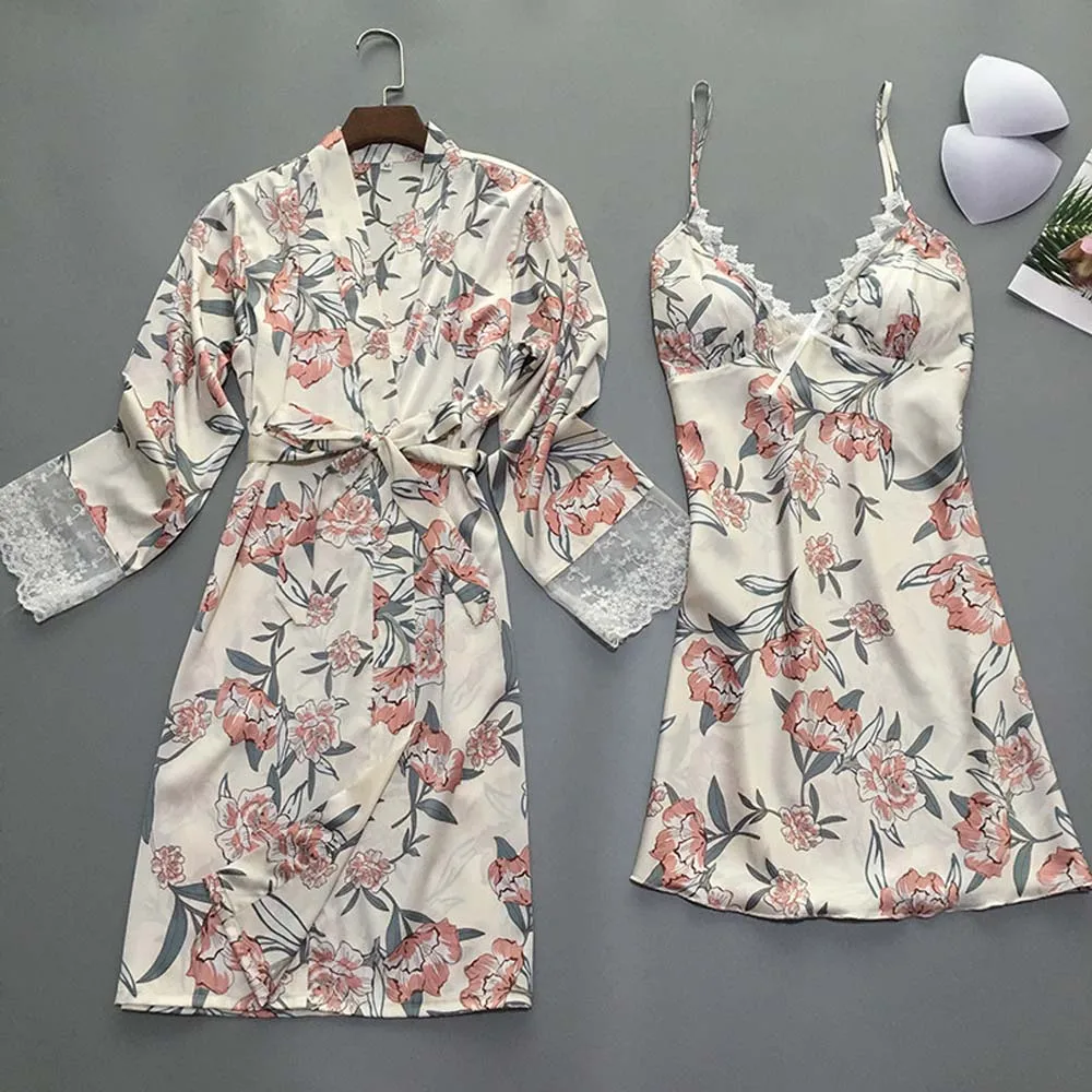 Dress Set Champagne Женское сексуальное ночное кимоно с цветочным рисунком, атласное шелковое Ночное платье, халат, комплект для отдыха, нижнее белье, ночная рубашка, пижама - Цвет: Dress Set Champagne