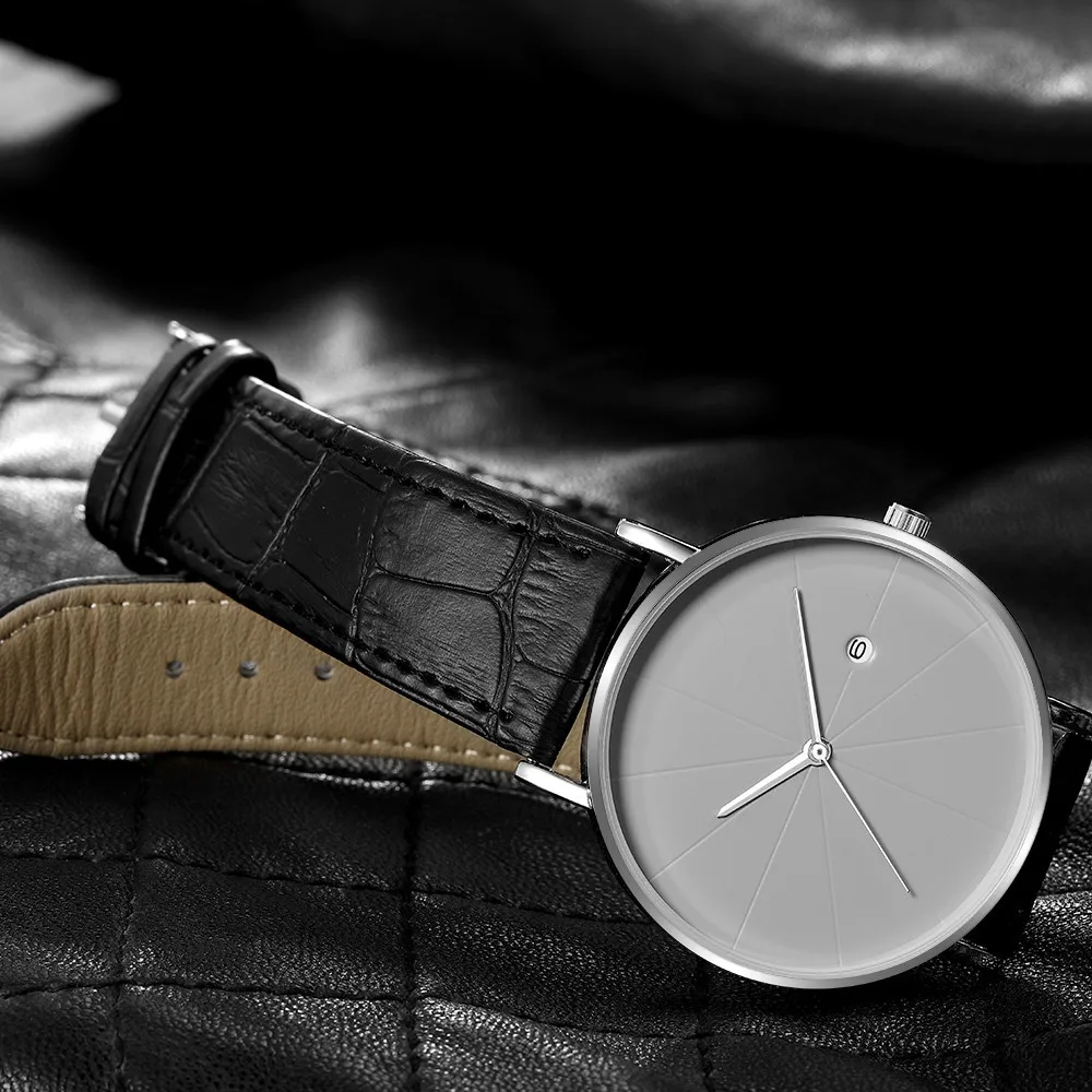 

DISU Men Watches Leather Blue Ray Glass Quartz Analog With Calen wristwatch mens unique watch for men relogios masculino