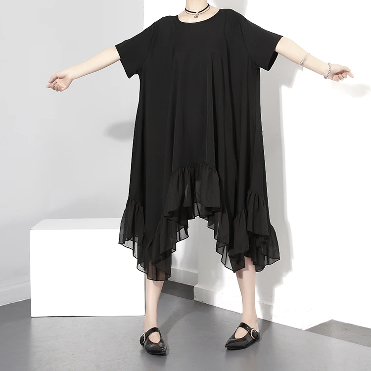 Платье женское шифоновое асимметричное модное свободное черное платье с принтом