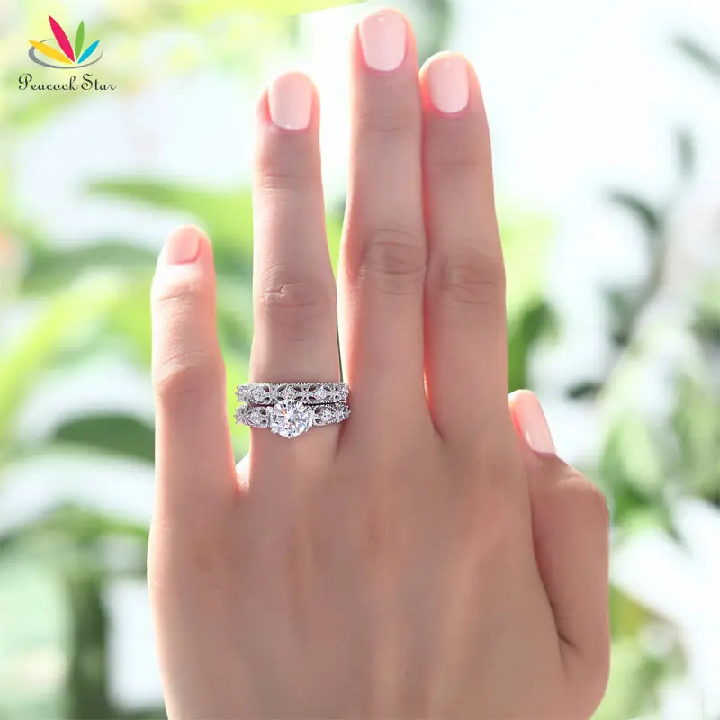 Павлин звезда Винтаж Стиль викторианской Книги по искусству Deco 1.25 ct массива стерлингового серебра 925 2-pc обручальное кольцо набор cfr8103