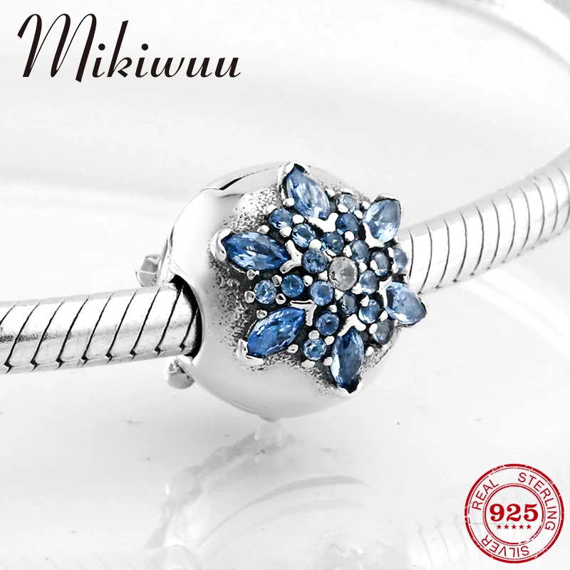 Синий Кристалл Циркон снежинки 925 стерлингового серебра клипсы Замок бусины