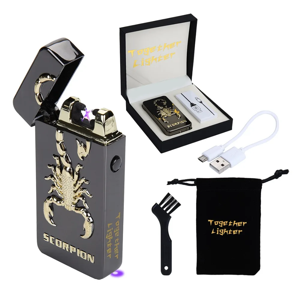 Вместе электрическая дуговая Зажигалка перезаряжаемая USB Зажигалка для сигарет; защита от ветра 6 цветов Орел Скорпион двойные дуговые гаджеты безопасная катушка