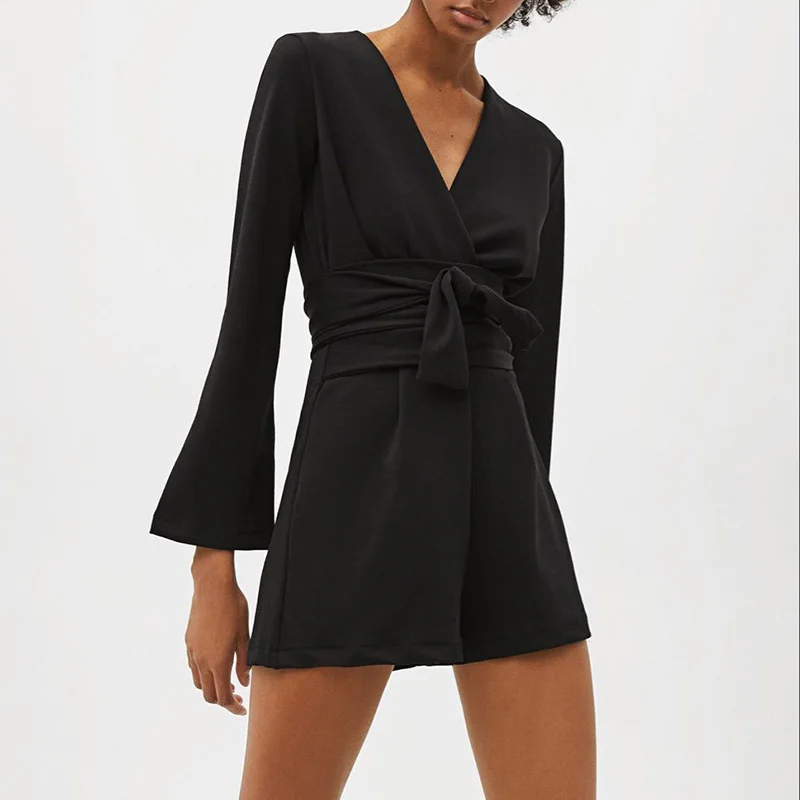 JuneLove Women Long Flare Sleeve Playsuits Vintage Sexy V-Neck Female Solid Casual Sashes Loose Lady Romper | Женская одежда