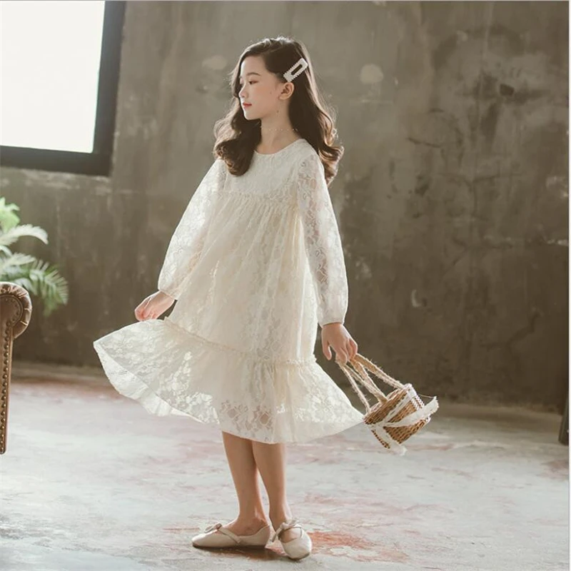 Autumn Dresses Girls 2019 New White Black Red Lace Long Sleeve Dress For 4 to 12 Years Sweet Fashion Fall Clothing | Детская одежда и