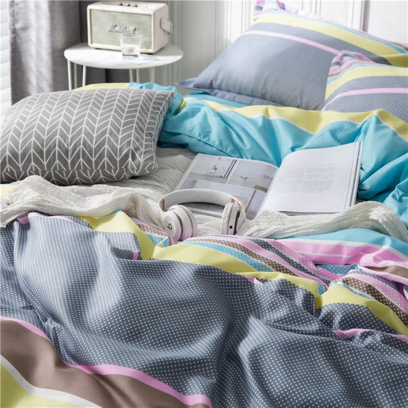 Color Stripe Pattern Duvet Cover Flat Bed Sheets +Pillowcase Super King Queen Full Twin 5 Size Bedding Set 4Pcs | Дом и сад