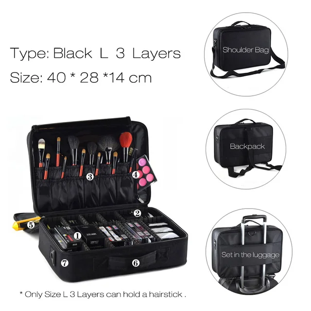 Black L 3 Layers Для женщин модная косметичка путешествий Органайзер для макияжа Профессиональный органайзер для косметики косметическая сумочка сумки Красота чехол для визажиста - Цвет: Black L 3 Layers
