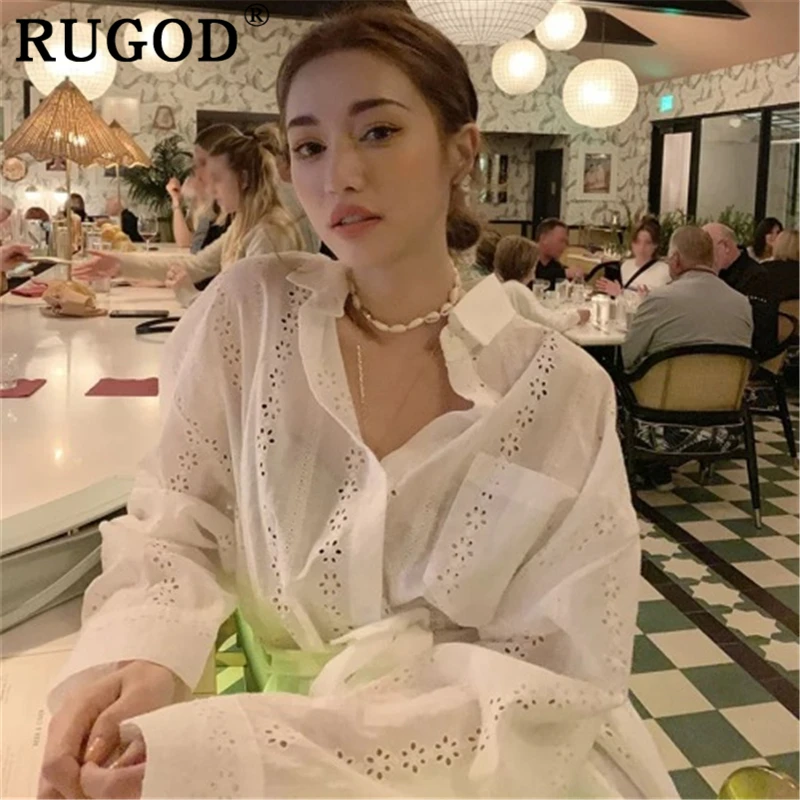 RUGOD Корейская белая Женская Длинная блузка, элегантная Свободная рубашка с длинным рукавом и поясом, повседневные летние топы, женская одежда