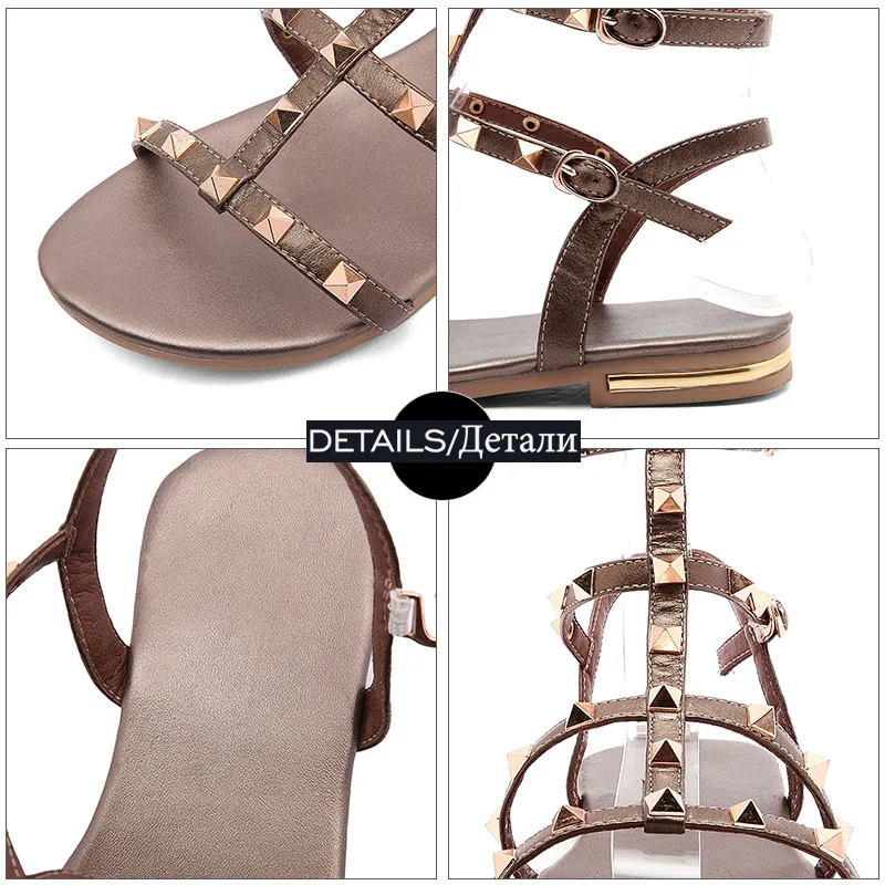Женские сандалии из натуральной кожи с заклепками и пряжкой|Боссоножки сандалии|