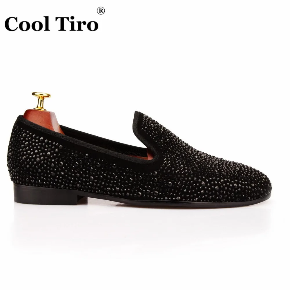 COOL TIRO Black Rhinestones Strass Loafers Men Moccasins SmokingSlippers Wedding Dress Shoes flats Casual Genuine Leather | Обувь