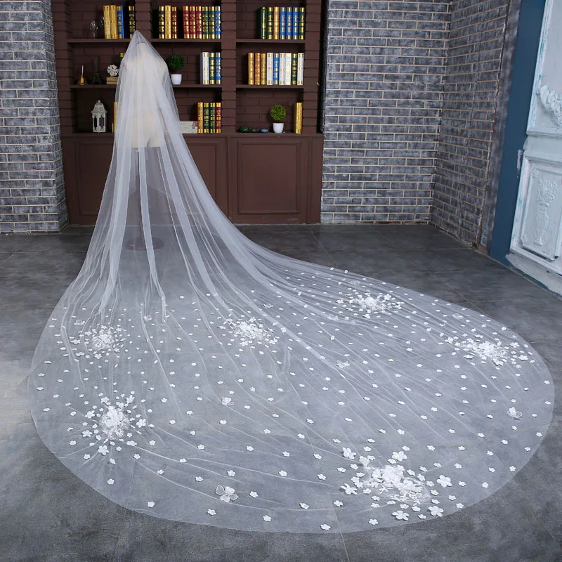 2017 новая слоновая кость Соборная свадебная фата 4 метра длинная Кружевная