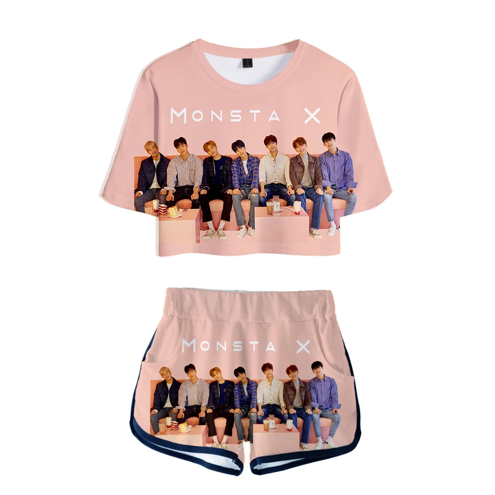 LUCKYFRIDAYF MONSTA X 3D комплект из двух предметов Сексуальная хлопковая футболка для женщин стиль 3D футболка хип-хоп костюм Шорты повседневные топы+ шорты