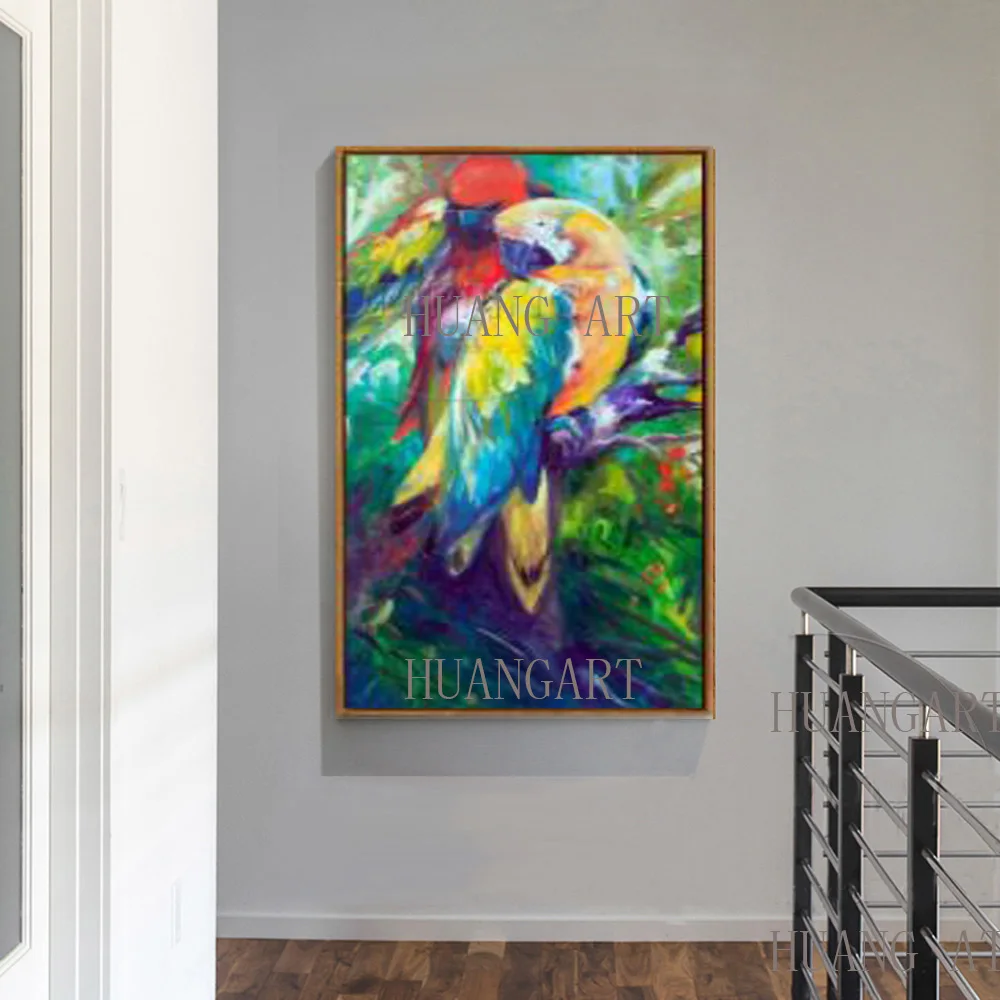 Animal Abstract Art RED PARROTS ON PURPLE by Alfred oil painting canvas High quality Hand painted Home Decor Hall restaurant | Дом и сад