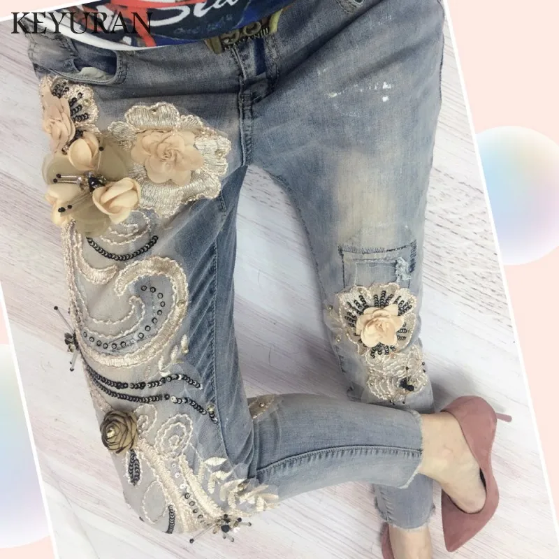 Photo color Популярные европейские модные джинсы с вышитыми цветами, женские джинсы с бисером и бронзовыми блестками, женские повседневные обтягивающие штаны-шаровары с бисером - Цвет: Photo color
