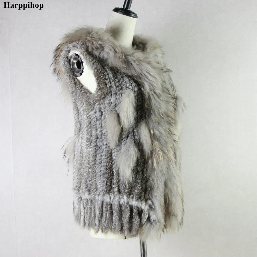 fashion rabbit fur vest raccoon fur trimming knitted rabbit fur vest with hood fur waistcoat gilet