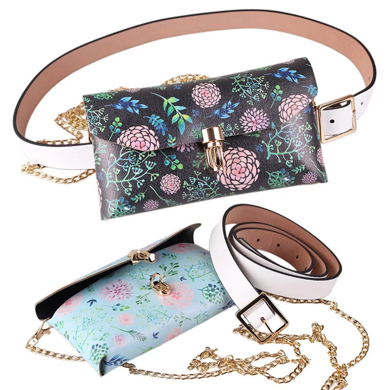 Винтажная поясная сумка в национальном стиле для женщин, 8 шт./лот из искусственной кожи с цветочным принтом, поясной кошелек на цепочке