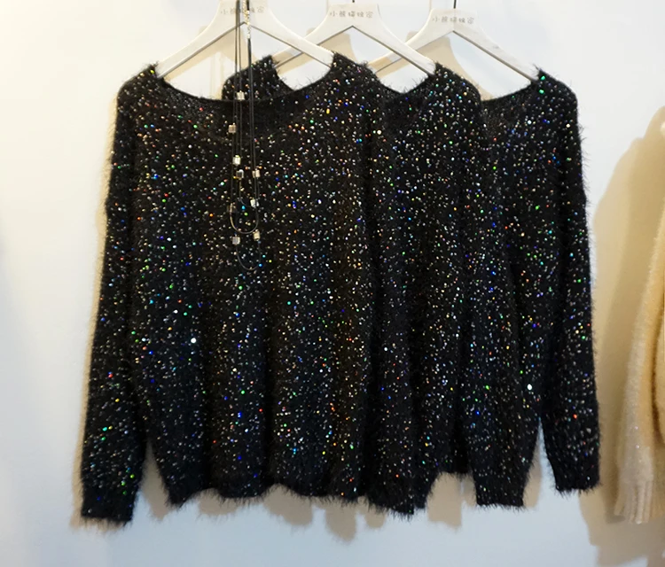 Cakucool Women Sequined Knit Tops Long Sleeve Jumpers Beading O-neck Casual Loose Embellish Sweaters Pullover Lady Black | Женская