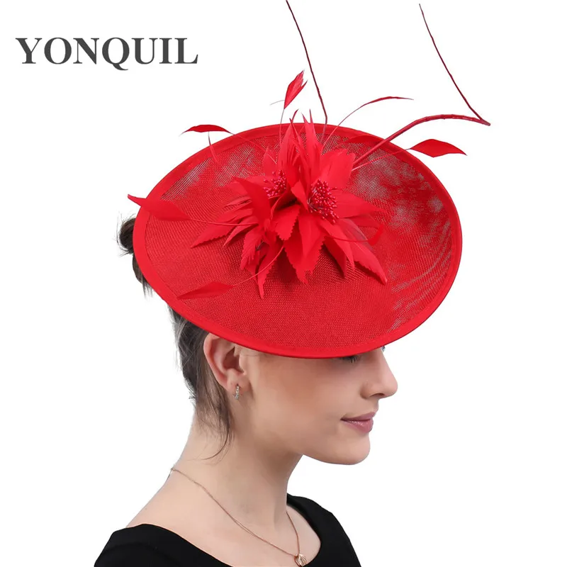 

Vintage Red Flower Headwear Cocktail Hair Fascinators For Kenducky Derby Church Hats Fedora Fancy Double Feather 2020 New SYF542