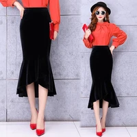 free shipping 2021 high waist long mid calf high low women skirts plus size s 2xl mermaid style skirts spring and autumn velvet