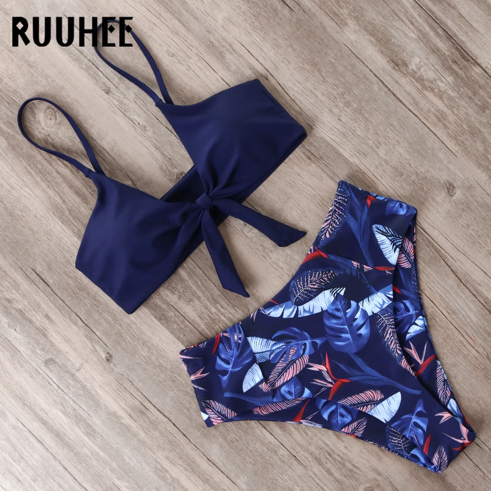 RUUHEE, бикини, брендовый Купальник для женщин, купальник с узлом спереди, купальный костюм, пуш-ап, бикини, набор,, с высокой посадкой, сексуальный, пляжная одежда, бикини