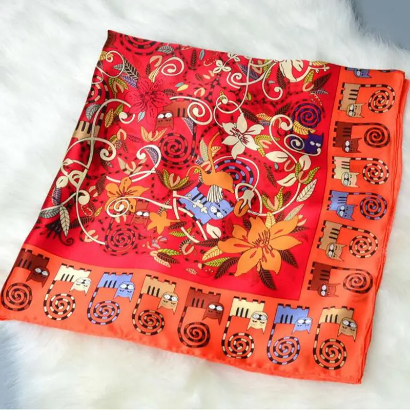 100% атласный шелковый шарф с цветочным и кошачьим принтом Женский Большой