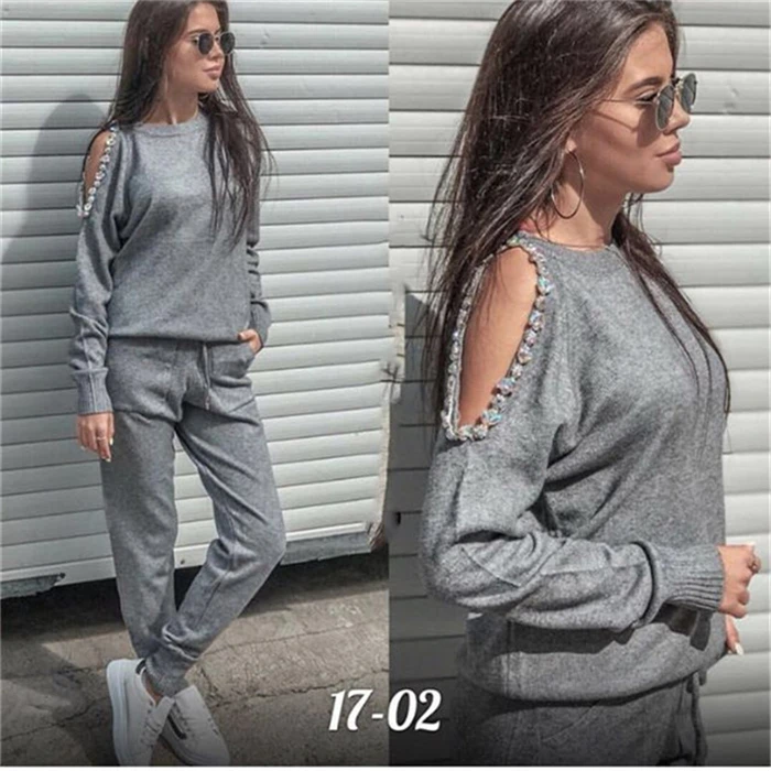 

2020 Sale Blends Full Beading O-neck Drawstring Womens Clothing Women Two Piece Outfits Tracksuit Set Top And Pants Pullover