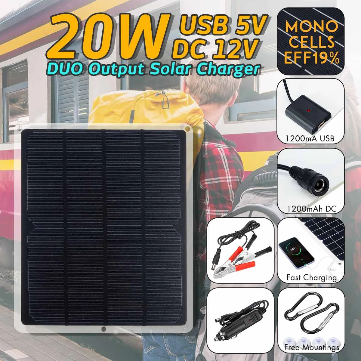 LEORY USB DC 12 В 5 в солнечная панель 20 Вт наружная портативная солнечная батарея быстрое Soalr зарядное устройство для аккумулятора зарядное устройство s прикуриватель