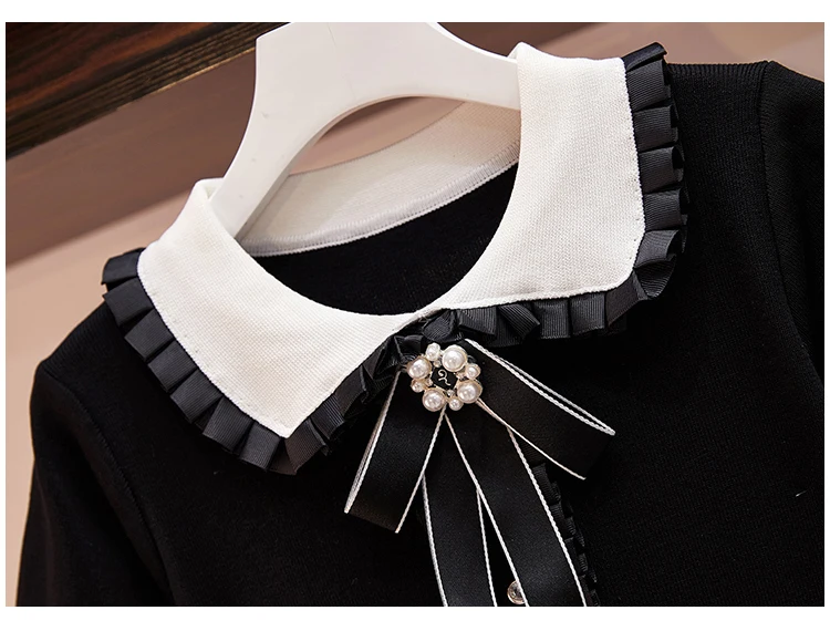 Trytree Autumn Winter Women Dress Casual Peter pan Collar Bow Embroidery Pocket Shirt Dresses Knitting Black Straight Mini Dress